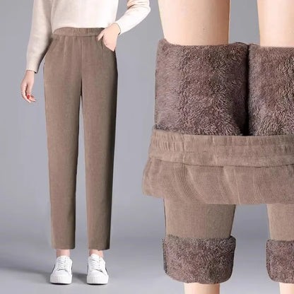 High Waist Flannel Lined Thickened Corduroy Pants for Women Autumn Winter Casual Harlan Pants Versatile Comfortable Cotton Pants
