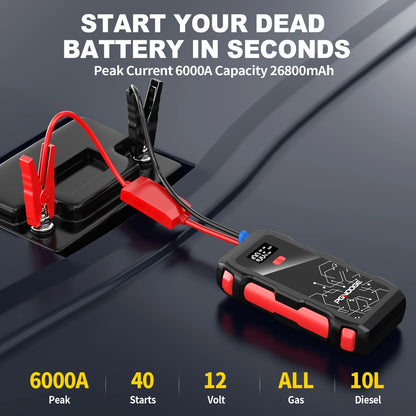 6000A Car Jump Starter, 26800mAh Battery Power Pack for All Gas and 10L Diesel Engines, Portable Emergency Kit for Road Trips