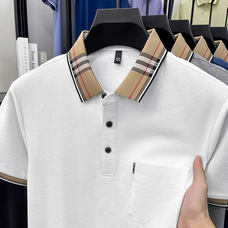 100% Pure Cotton Short Sleeved T-shirt for Men Summer Collar Middle-aged Casual Real Pocket Dad's Polo Shirt