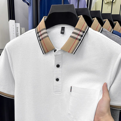 100% Pure Cotton Short Sleeved T-shirt for Men Summer Collar Middle-aged Casual Real Pocket Dad's Polo Shirt