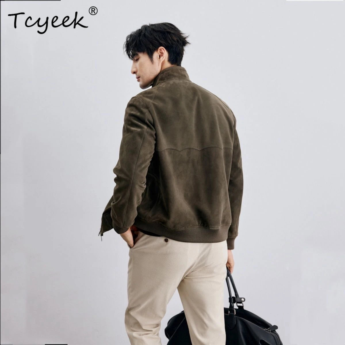 Tcyeek Real Sheepskin Autumn Winter High End Trendy Standing Collar Green Men's Genuine Leather Jacket Куртка Кожаная Мужская