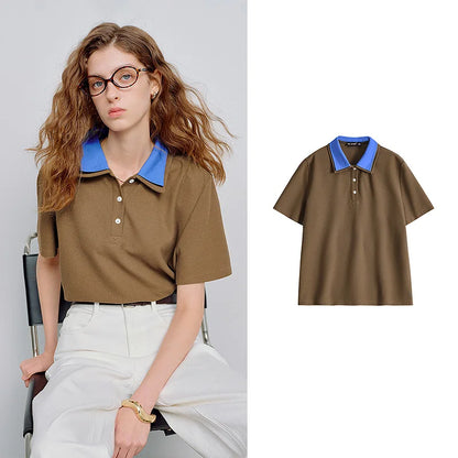 TOYOUTH Women Piqué Cotton Tees 2026 Spring New Double Collar Niche Design Loose Polo Tops