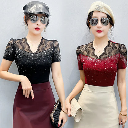 2026 Summer Women Tops New Korean Fashion Diamond Mesh T Shirt V-neck Short Sleeved Patchwork Lace Shirt