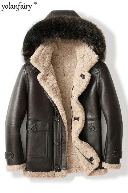 YOLANFAIRY Original Natural Sheepskin Leather Fur Coat Men Midium Hooded Genuine Leather Jacket Men Winter Real Jacket FCY4018