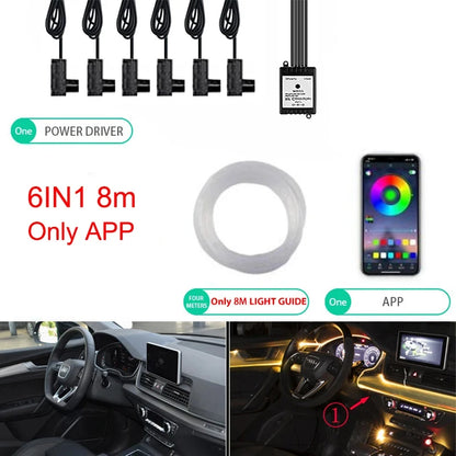 Neon LED Ambient Lighting Car 6in1 8m RGB LED Atmosphere Interior Strip Light Fiber Optic APP Control Auto LED Decorative Lamp