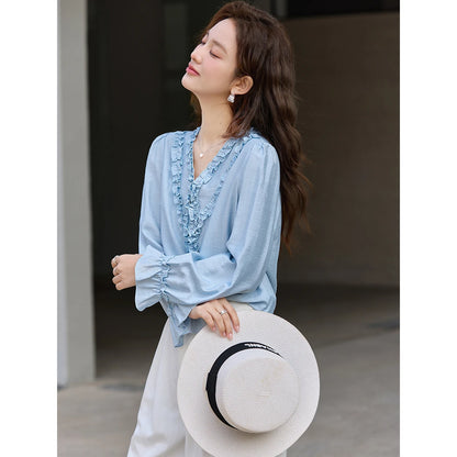 VIMLY Women‘s Versatile Blouses 2026 Spring New French Style V Neck Ruffle Trim Loose Fit Elegant Daily Long Sleeve Shirt A3838