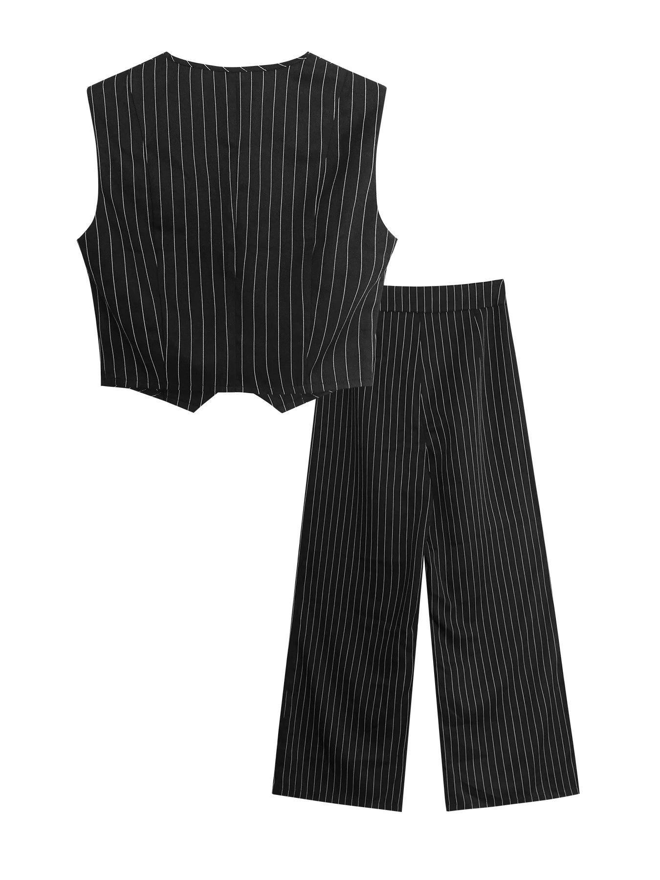 Women's Pinstripe Elegant Trouser Set Sleeveless V Neck Button Vest High Waist Wide Leg Pants Two Piece Set Spring Summer Outfit