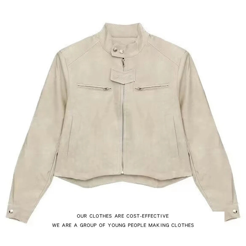 American Retro Street Motorcycle Leather Jacket Men's Trendy Brand Handsome Small Shoulder Pad Stand Collar Marrow Jacket Coat