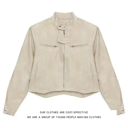 American Retro Street Motorcycle Leather Jacket Men's Trendy Brand Handsome Small Shoulder Pad Stand Collar Marrow Jacket Coat