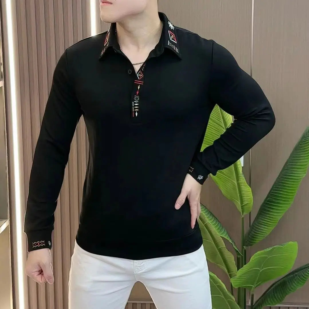 Men’s Casual Long Sleeve Polo Shirt Slim Fit with Embroidery Autumn Turn Down Collar Top Versatile Daily Outfit