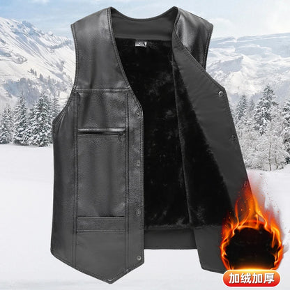 2025 Winter Men Thick Warm Fleece Leather Vest Coat  Male V-Neck Single Breasted Vest Casual Male Clothing Outerwear