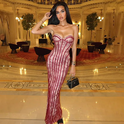 Typhaland Sexy Lace Strapless Maxi Dress Women's Sleeveless Slim Corset Evening Party Dress See Through Fashion Lady Long Dress
