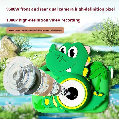 Cute Green Dinosaur SLR Kids HD Camera Portable Outdoor Mini Digital Toy with Photo & Video Recording Educational Cartoon Camera