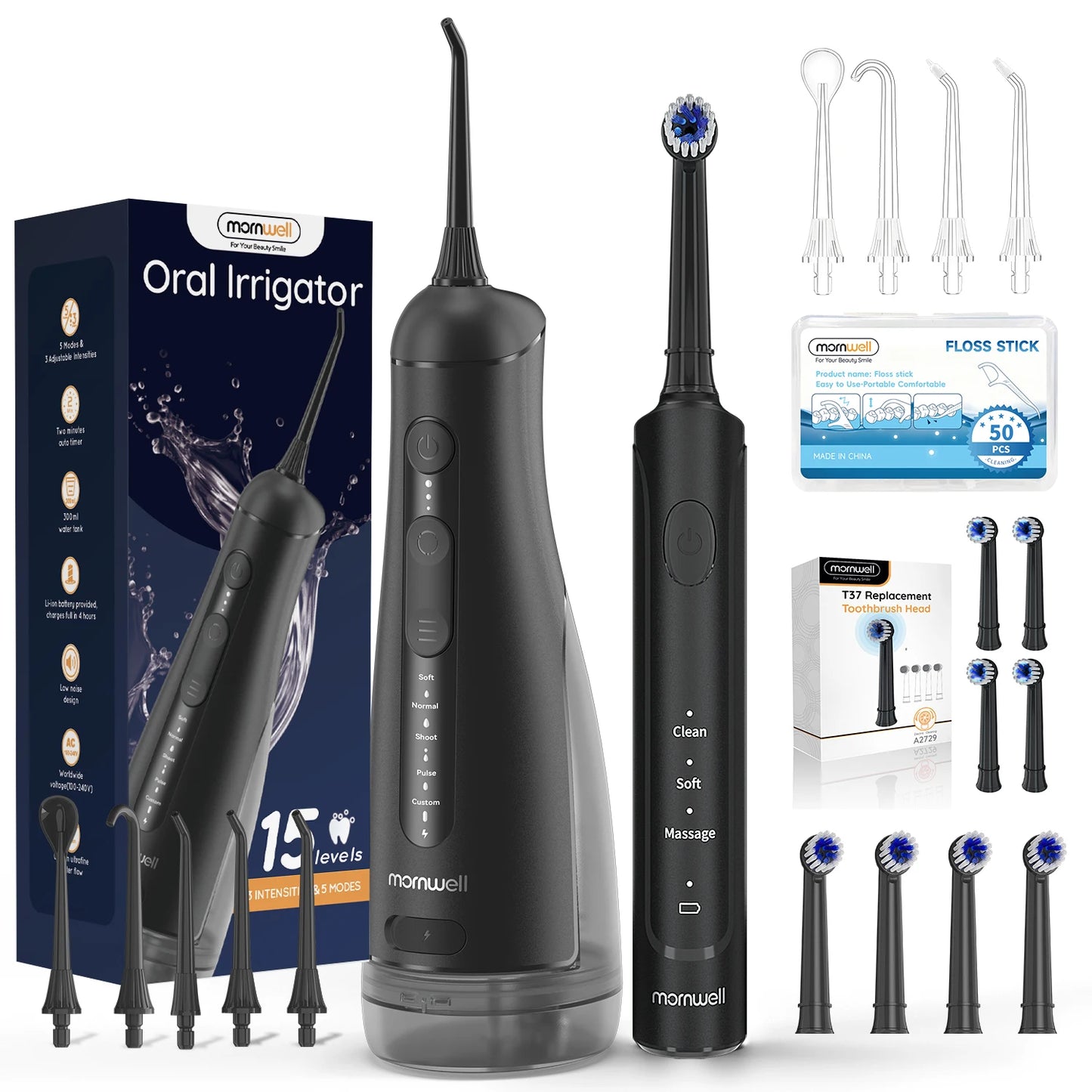 Mornwell 2.0 Electric Toothbrush & Water Flosser Combo, 6 Jet Tips, 4 Brush Heads, IPX7 Waterproof Design for Complete Oral Care