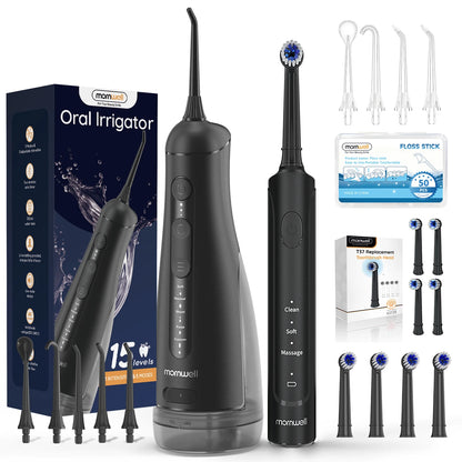 Mornwell 2.0 Electric Toothbrush & Water Flosser Combo, 6 Jet Tips, 4 Brush Heads, IPX7 Waterproof Design for Complete Oral Care