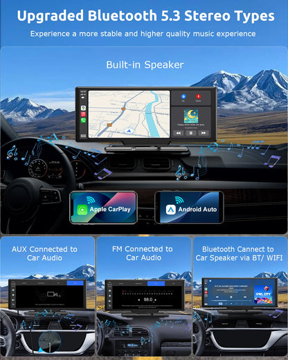 10.26" 4K 64GB Dash Cam Touch Screen Car Stereo Rearview Wireless Apple Carplay Android Auto Dual Len Recorder Dashboard