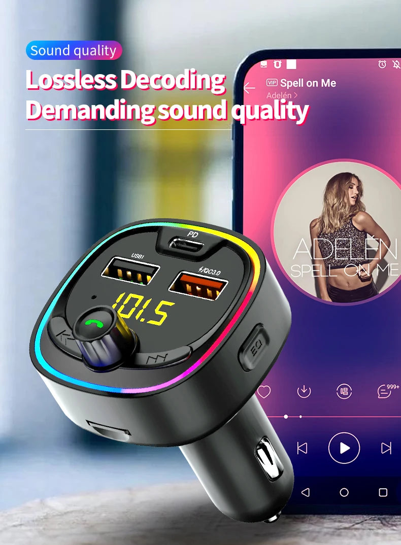 Car FM transmitter, wireless 5.0 QC3.0 & PD 18W USB-C car charger, RGB backlit car receiver, supports hands-free calls, Siri Goo