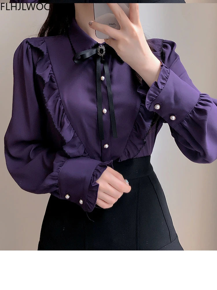 2025 Woman Cute Sweet Girls Thin Semi Transparent Ribbon Bow Tie Retro Vintalge Top Blusas Purple Green White Button Shirts
