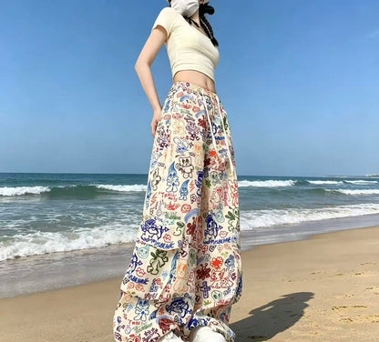 Y2K Cartoon Graffiti Wide Leg Pants - Colorful Print Drawstring High Waist Loose Streetwear Trousers for Women