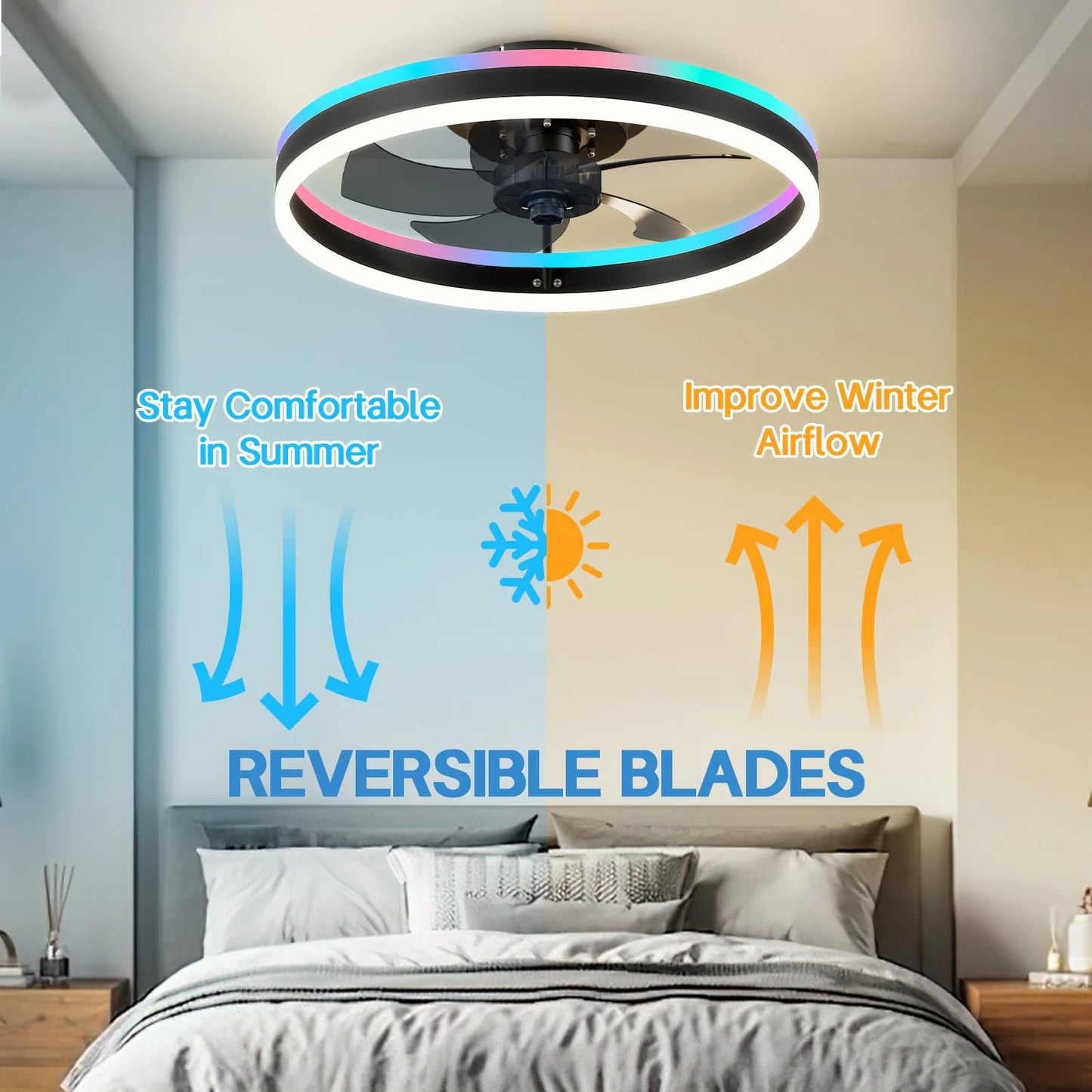 RGB Ceiling Lamp Fan Nordic Smart Remote Control Silent Ceiling Fan with Light Dimmable Home Atmosphere Lighting Decoration