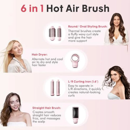 6 in 1 Blow Dryer Brush Set Grey/ Blind Boxes, Powerful Hair Dryer Brush with Auto-Winding Curl L/R, Fast Drying, Smooth Blowou