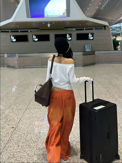 NUOMICI Women's Jeans Orange Mid Low Waist Washed Retro Wide Leg Loose Sports Kpop Hip-hop Street Pants Fashion Women's Pants
