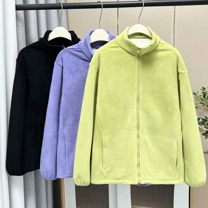 4XL Fashion Plus Size Women's Zipper Hoodie 2025 Winter Simple Warm Fleece Stand Collar Jacket Solid Color Sweatshirt 2606