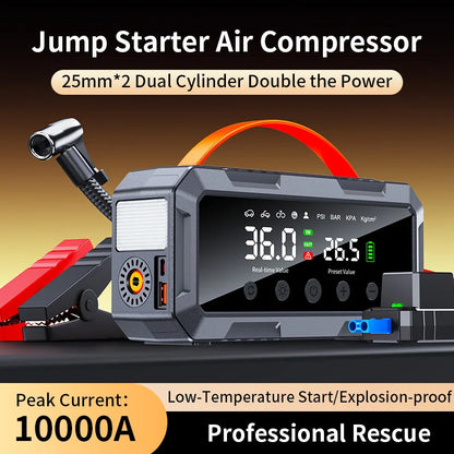 10000a Amp Dual 25mm Cylinder 200psi Smart Car 12v Battery Booster Auto Tire Super Compressor Air Pump Power Bank Jump Starter