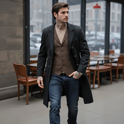 Men's Premium Mid-Length Double Breasted Woolen Coat Heavyweight Thickened Warm Lined Jacket for Winter