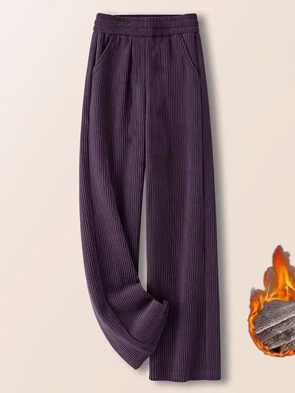 Winter Thickened Fleece Pure Color Women's High Waist Elastic Waist Straight Leg Casual Pants Wide Leg Trendy Thermal Trousers