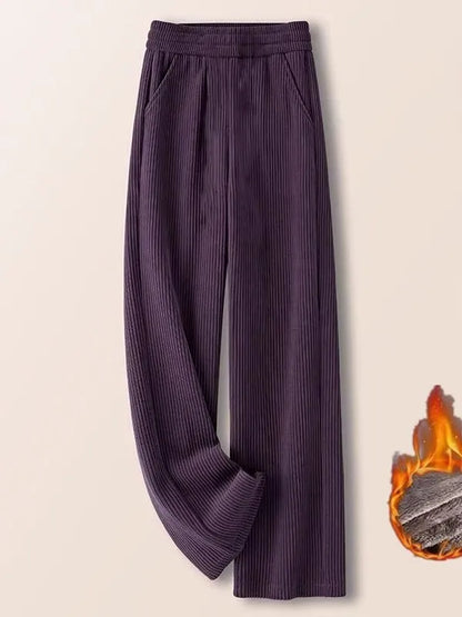 Winter Thickened Fleece Pure Color Women's High Waist Elastic Waist Straight Leg Casual Pants Wide Leg Trendy Thermal Trousers