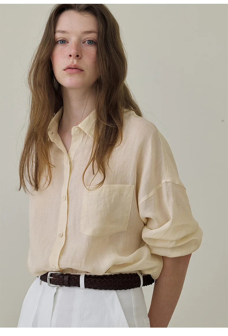 100% Ramie Thin Breathable Women Shirt Chic French Lapel Single-Breasted Cardigan Ladies Loose Simple Long-Sleeved Shirts