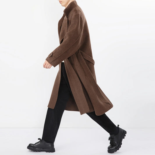 Men 100% Wool Light Autumn Winter Woolen Coat Long Collar Trench Coat
