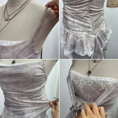 ISAROSE Summer Y2K Camisole for Women Casual Spaghetti Straps Double Layers Lace Stretch Mesh Patchwork Asymmetrical Slim Tops