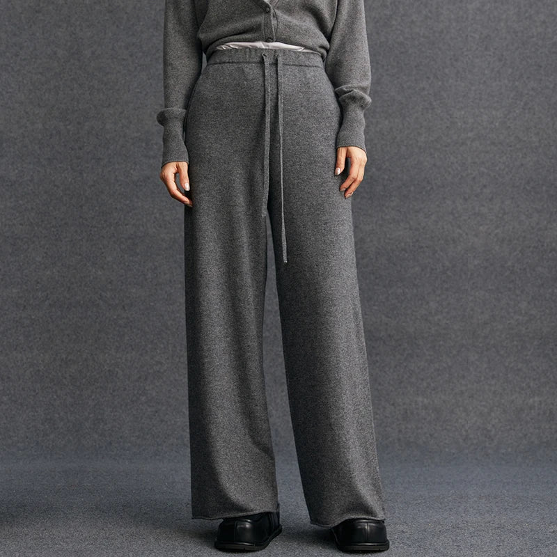 Ladies 100% Cashmere Knitted Wide Leg Pants Casual Solid Color Loose Fit Elastic Waist Floor-Length Poc Matching Pants