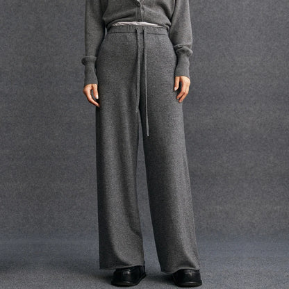 Ladies 100% Cashmere Knitted Wide Leg Pants Casual Solid Color Loose Fit Elastic Waist Floor-Length Poc Matching Pants