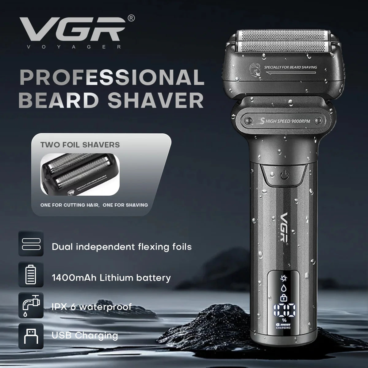 VGR Electric Shaver Professional Shaving Machine 9000 RPM Beard Trimmer LED Display Reciprocating Shaving Machine for Men V-368