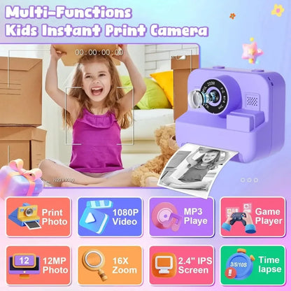 1080P Children Mini Digital Video Camera for Kids Learning Development Educational Thermal Instant Print Camera with 32G Card