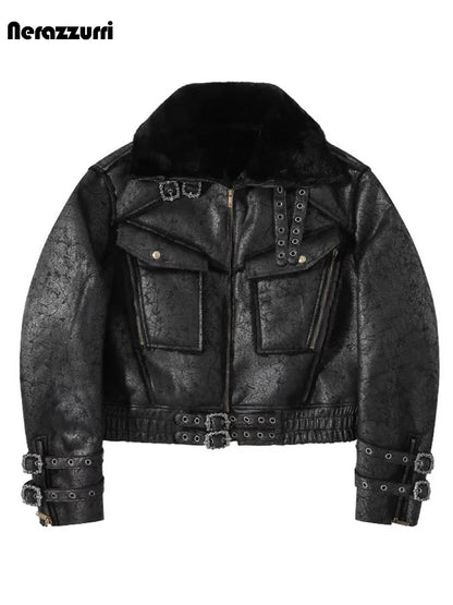 Nerazzurri Autumn Winter Thick Warm Windproof Black Faux Sheepskin Coat Women Zipper Luxury Menswear Clothes Fluffy Jacket 2026