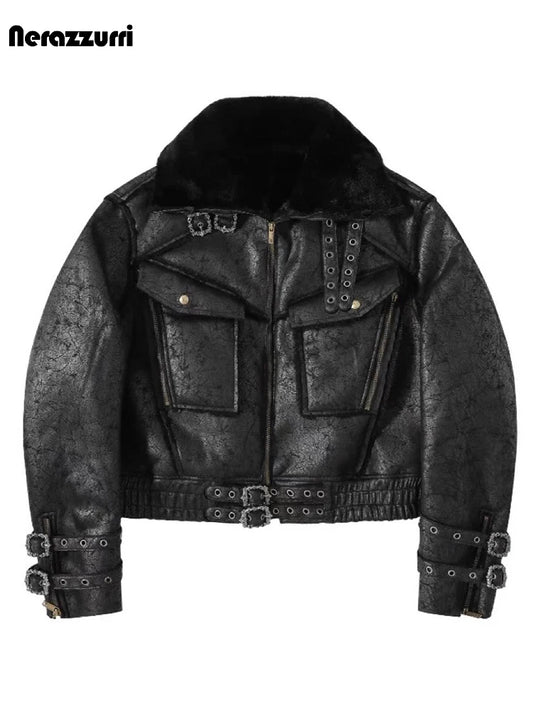Nerazzurri Autumn Winter Thick Warm Windproof Black Faux Sheepskin Coat Women Zipper Luxury Menswear Clothes Fluffy Jacket 2026