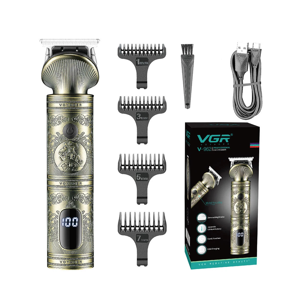 VGR professional high-end hair trimmer set, retro metal electric push shear, home LED intelligent digital hair clipper, shaver