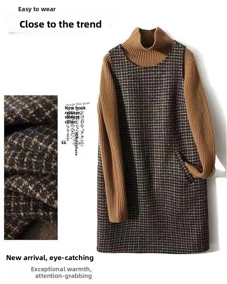 Retro Plaid Woolen Vest Dress Women's Autumn Winter Thickened Mid-Length Sleeveless H-Shape round Neck Backless Midi Dress