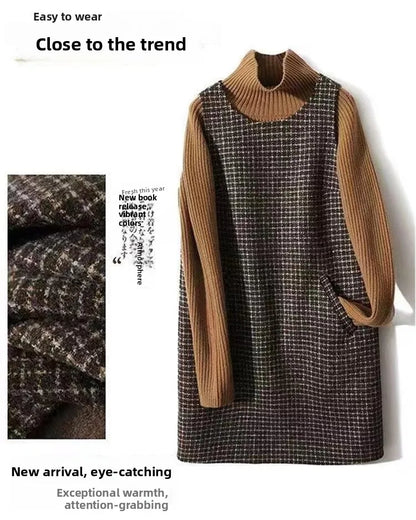 Retro Plaid Woolen Vest Dress Women's Autumn Winter Thickened Mid-Length Sleeveless H-Shape round Neck Backless Midi Dress