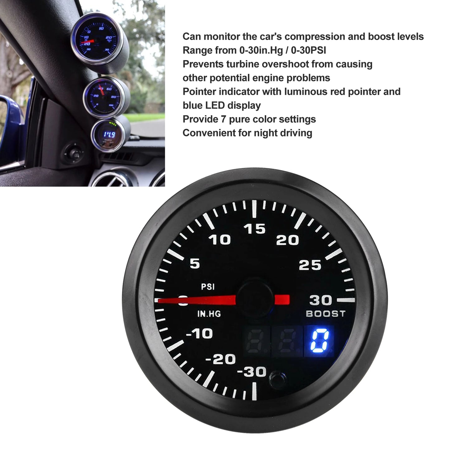 2in/52mm Universal 7 Colors LED Turbo Boost Meter PSI Pressure Gauge Digital Display Pointer Boost Sensor Vacuum Pressure Meter