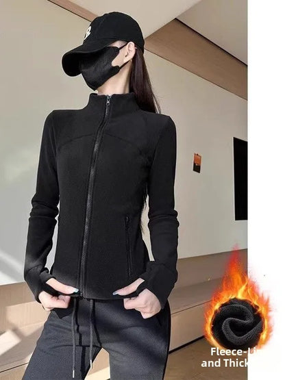 Women's Thickened Fleece Zipper Hoodie Short Coat Slim Fit Waist-Cinching Stand Collar Cardigan Autumn Winter Fashion Outerwear