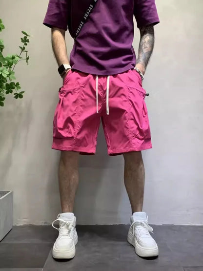 New Summer Beach Shorts Fashion Candy Color Big Pocket Mens Cargo Shorts Casual High Street Loose Fit Knee Length Trousers Male