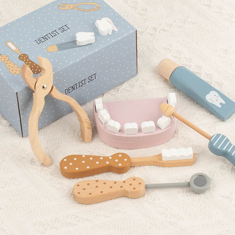 Kids Wooden Pretend Play Doctor Educational Toy Role Playing Games Simulation Dentist Check Brush Teeth Medicine Set Gifts