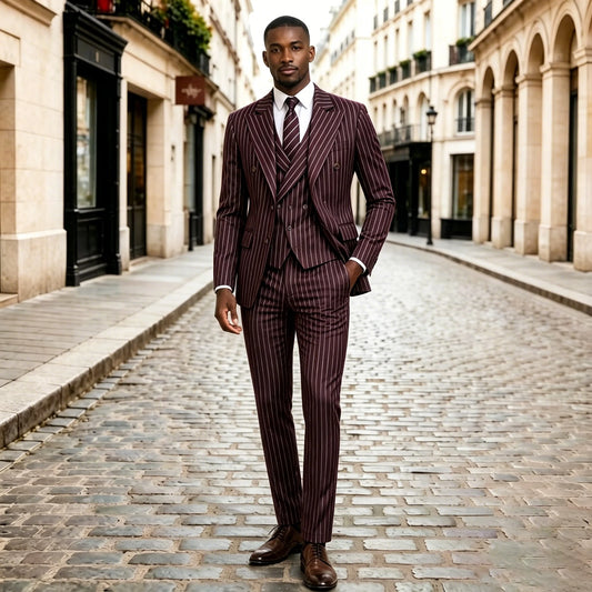 Burgundy Pinstripe Men Suits 3 Pieces Peaked Lapel Double Breasted Slim Fit Groom Suit Tuxedo Office Business Blazer Customized