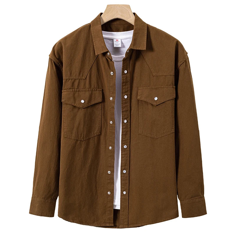 100% Cotton Workwear Shirt Jacket, Korean Snap Button Design, Enzyme Wash Vintage, Khaki Black Grey Beige S-4XL