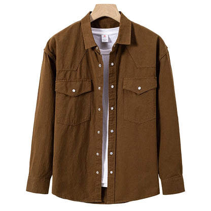 100% Cotton Workwear Shirt Jacket, Korean Snap Button Design, Enzyme Wash Vintage, Khaki Black Grey Beige S-4XL